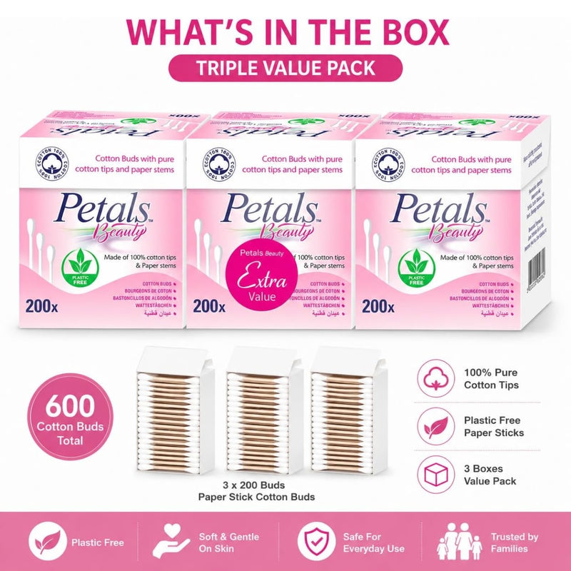 Petals Beauty Paper Stems Cotton Buds 200 Pieces Value Pack of 3