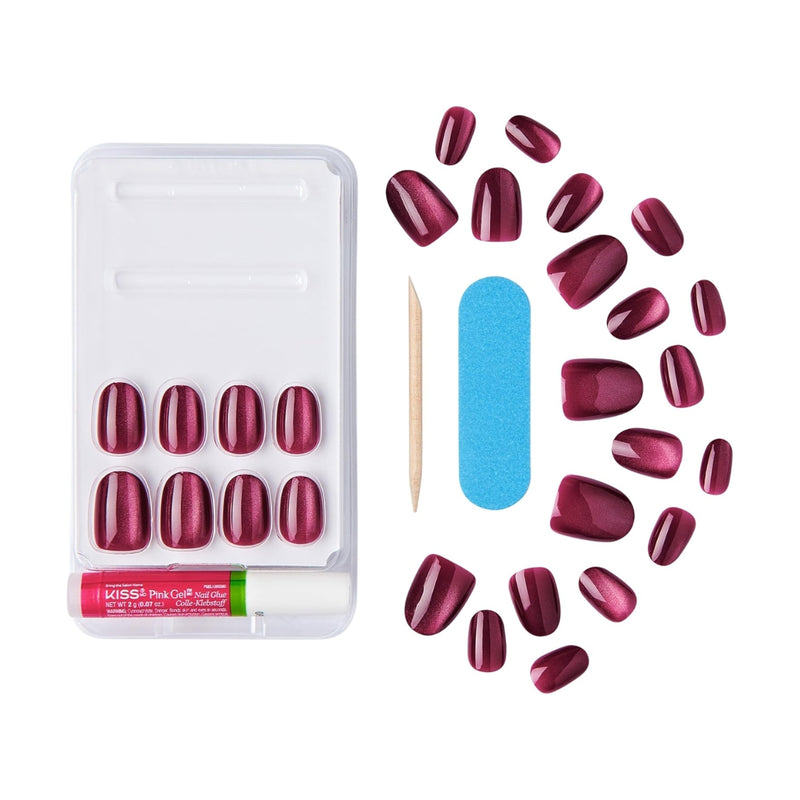 Kiss False Nails FMA05C Gel Fantasy Magnetic Velvety Effect Short Length Red 28 Count
