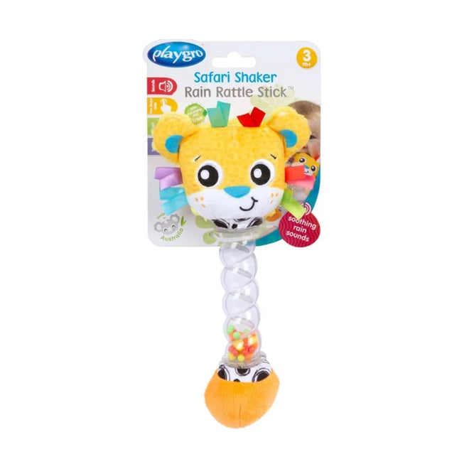 Playgro Rattle & Teether Safari Shaker Rain Rattle Stick Lion 3 Months+