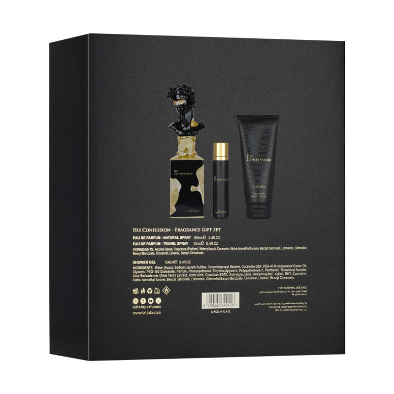 Lattafa His Confession Eau De Parfum 100ml + Eau De Parfum 12ml + Shower Gel 100ml Gift Set
