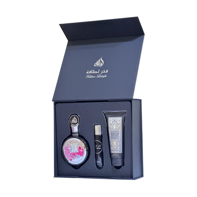 عطر فخر من لطافة او دي بارفان 100 مل + او دي بارفان 12 مل + جل استحمام 100 مل
