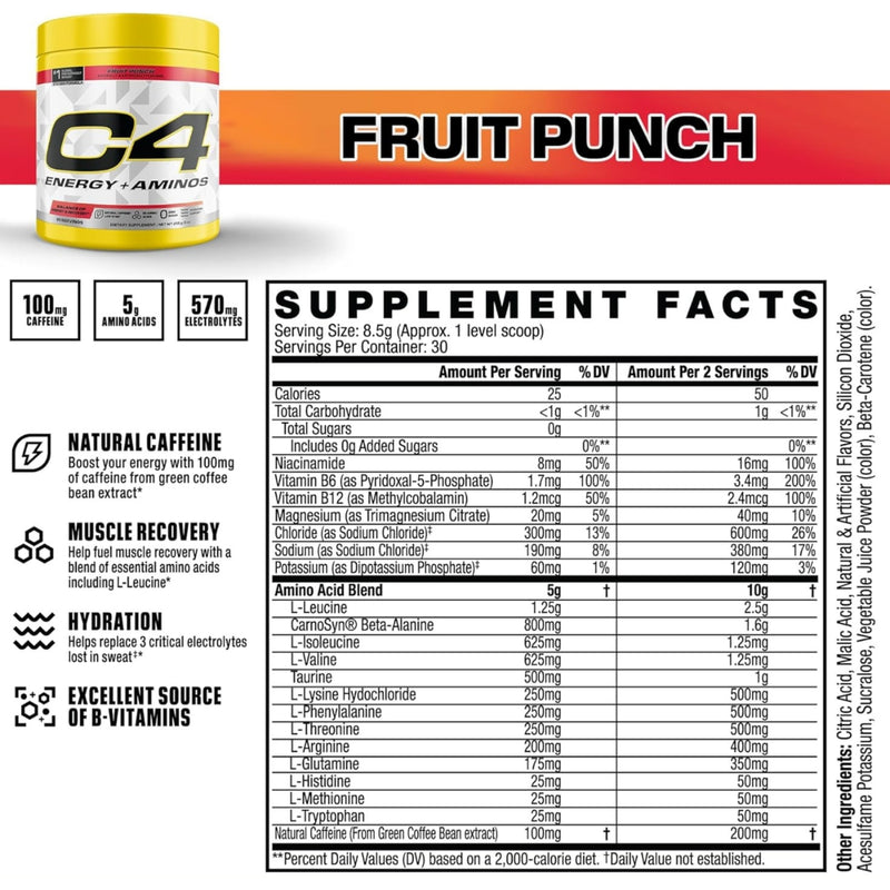 Cellucor C4 Energy + Aminos Pre Workout Powder Fruit Punch 30 Serves 255g