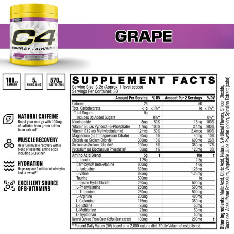 Cellucor C4 Energy + Aminos Pre Workout Powder Grape 30 Serves 255g