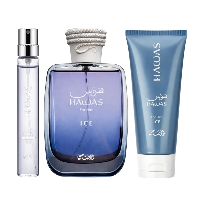 Rasasi Hawas Ice Eau de Parfum 100ml + Eau de Parfum 10ml + All Over Shower Gel 60ml Gift Set