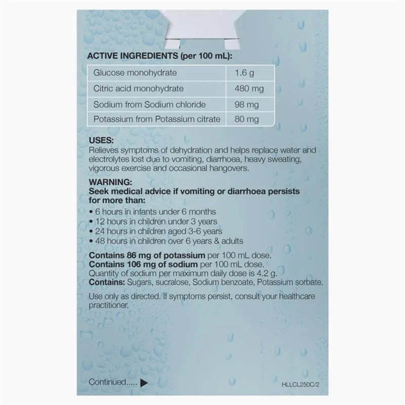 Hydralyte Electrolyte Ready To Drink Colour Free Lemonade 4 x 250ml