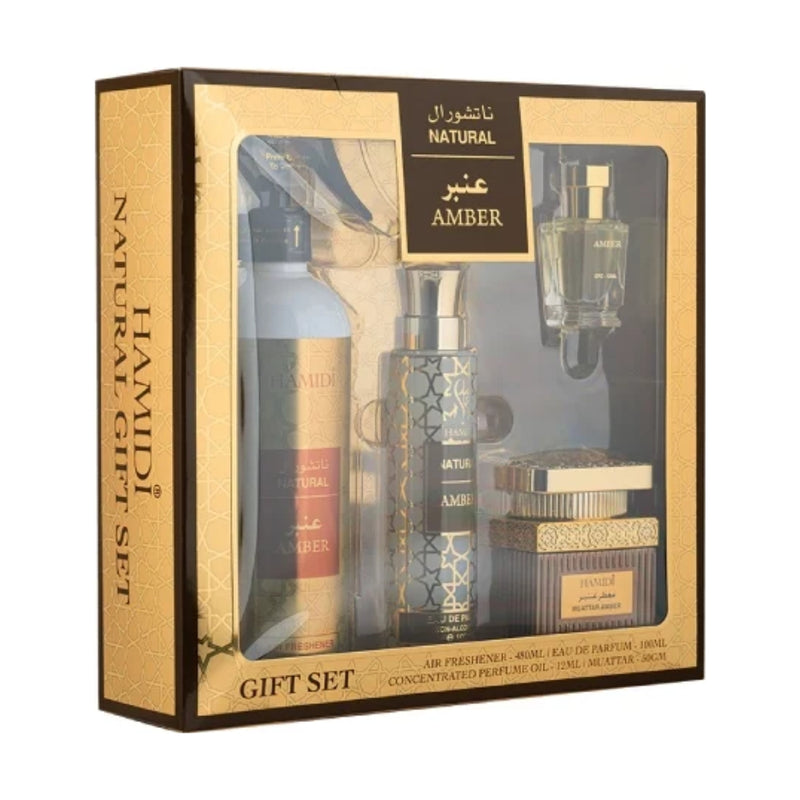 Hamidi Amber Air Freshener 480ml + Muattar 50g + Eau de Parfum 100ml + Concentrated Perfume Oil 12ml Gift Set