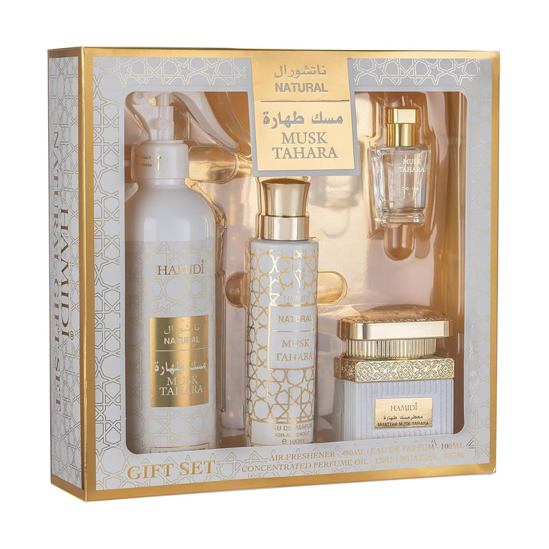 Hamidi Musk Tahara Air Freshener 480ml + Muattar 50g + Eau de Parfum 100ml + Concentrated Perfume Oil 12ml Gift Set