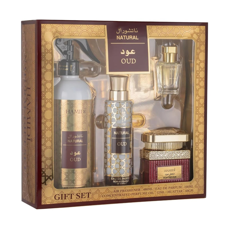 Hamidi Oud Air Freshener 480ml + Muattar 50g + Eau de Parfum 100ml + Concentrated Perfume Oil 12ml Gift Set
