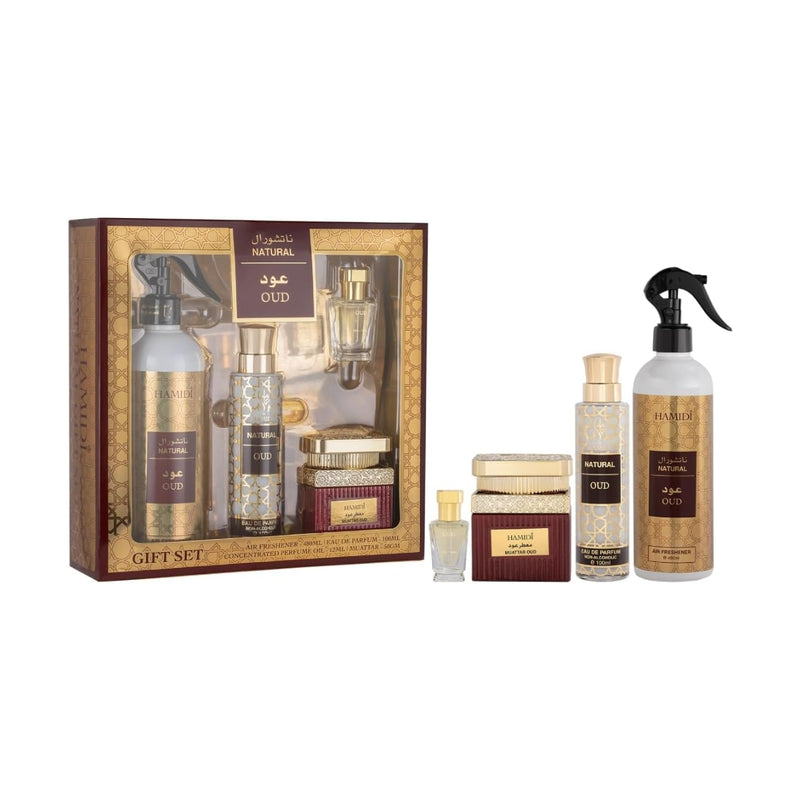 Hamidi Oud Air Freshener 480ml + Muattar 50g + Eau de Parfum 100ml + Concentrated Perfume Oil 12ml Gift Set
