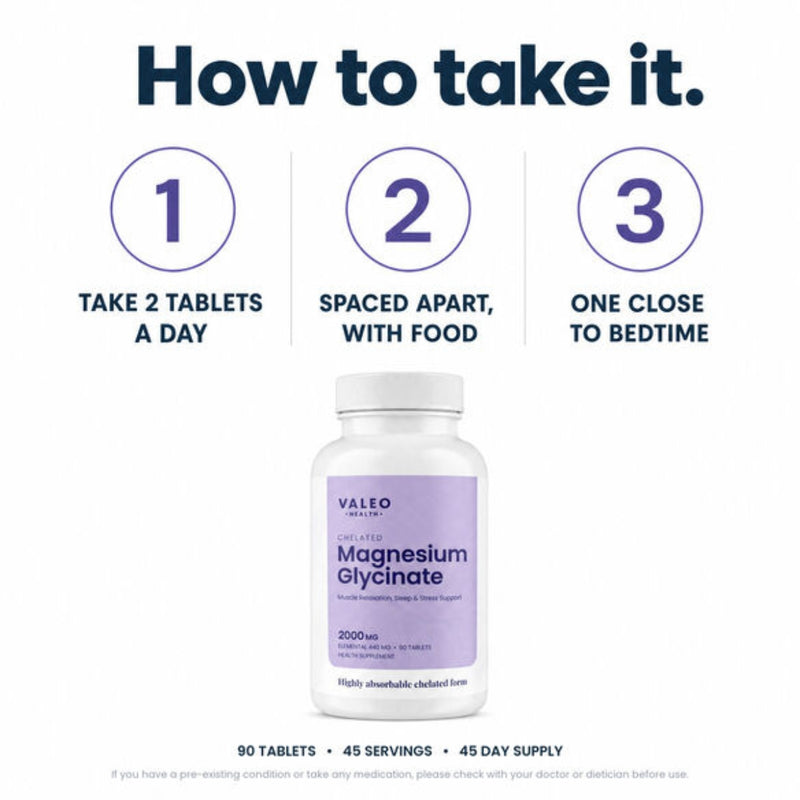 Valeo Chelated Magnesium Glycinate 2000mg 90 Tablets