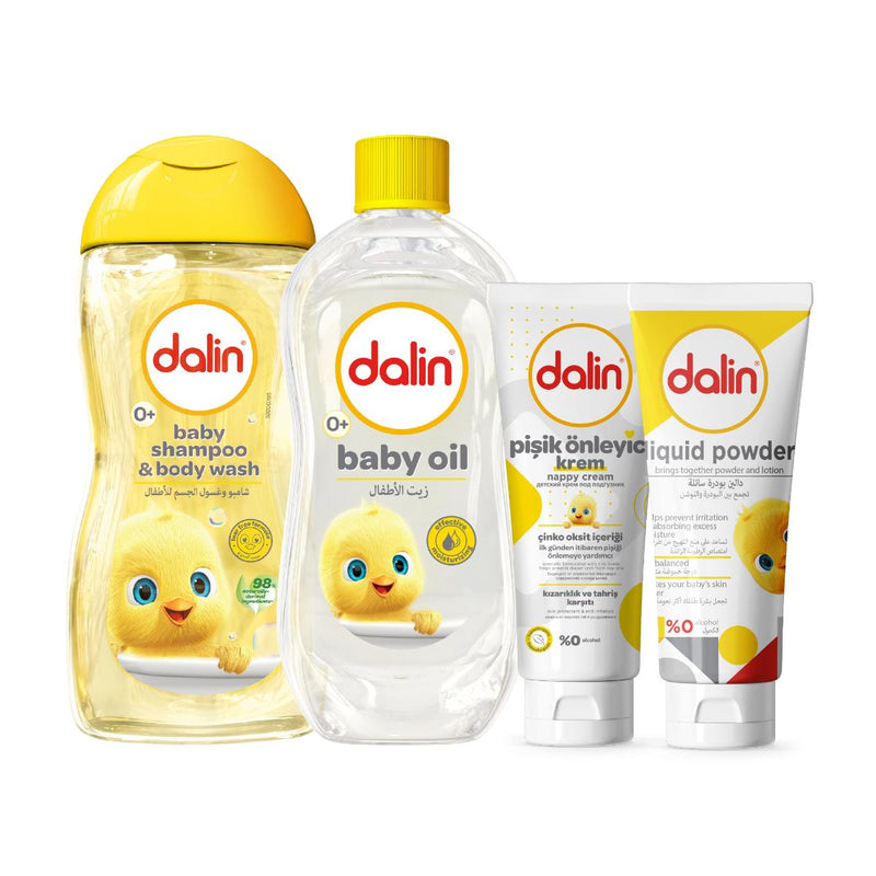 Dalin Baby Shampoo & Body Wash 200ml + Baby Oil 200ml + Baby Liquid Powder Classic 100ml + Nappy Cream 100ml Gift Set
