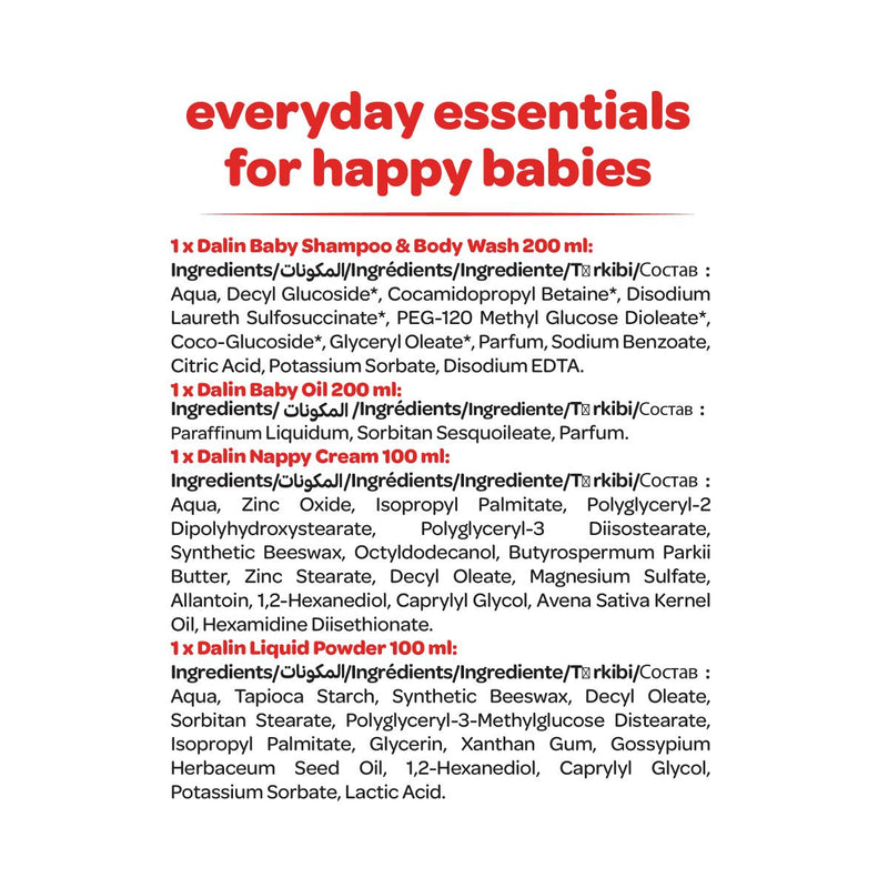 Dalin Baby Shampoo & Body Wash 200ml + Baby Oil 200ml + Baby Liquid Powder Classic 100ml + Nappy Cream 100ml Gift Set